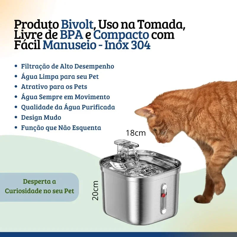 Bebedouro se7nara INOX para gatos e cães, filtragem automática da água e capacidade para 2L