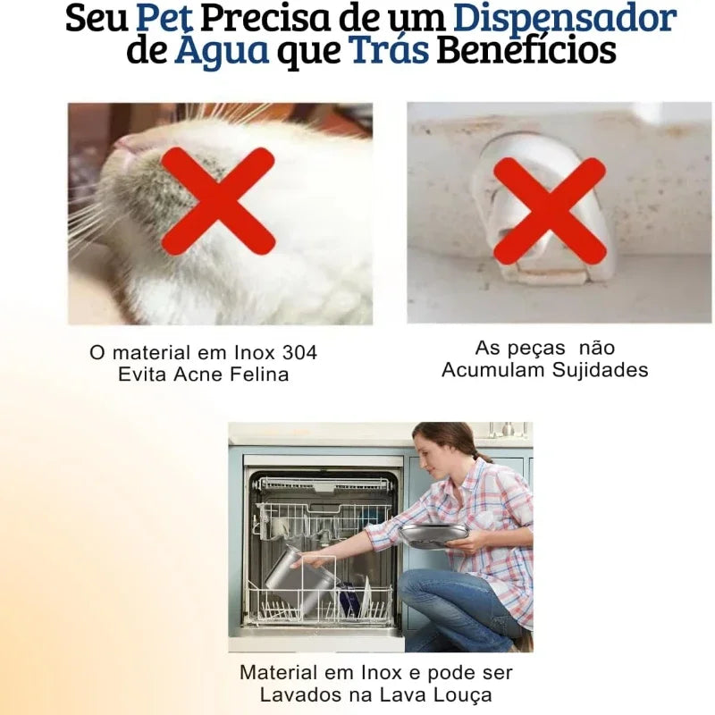 Bebedouro se7nara INOX para gatos e cães, filtragem automática da água e capacidade para 2L