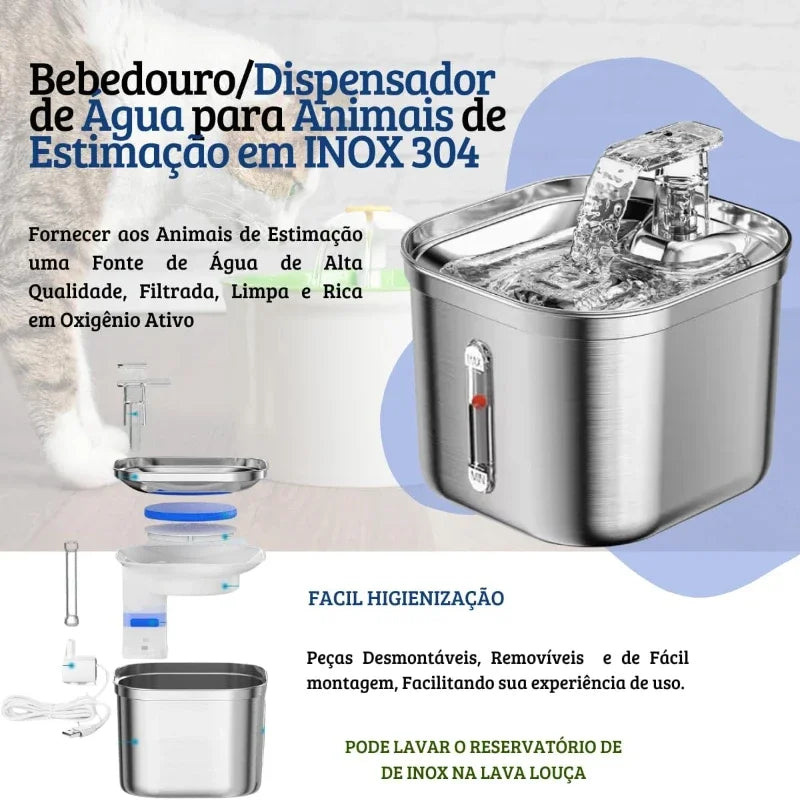 Bebedouro se7nara INOX para gatos e cães, filtragem automática da água e capacidade para 2L